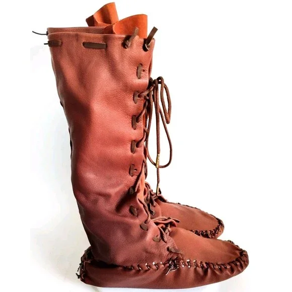 Ramble Leather Dark Brown Elk Deer Handmade Knee High Boots Size 10 Lace-Up Back - Picture 2 of 11